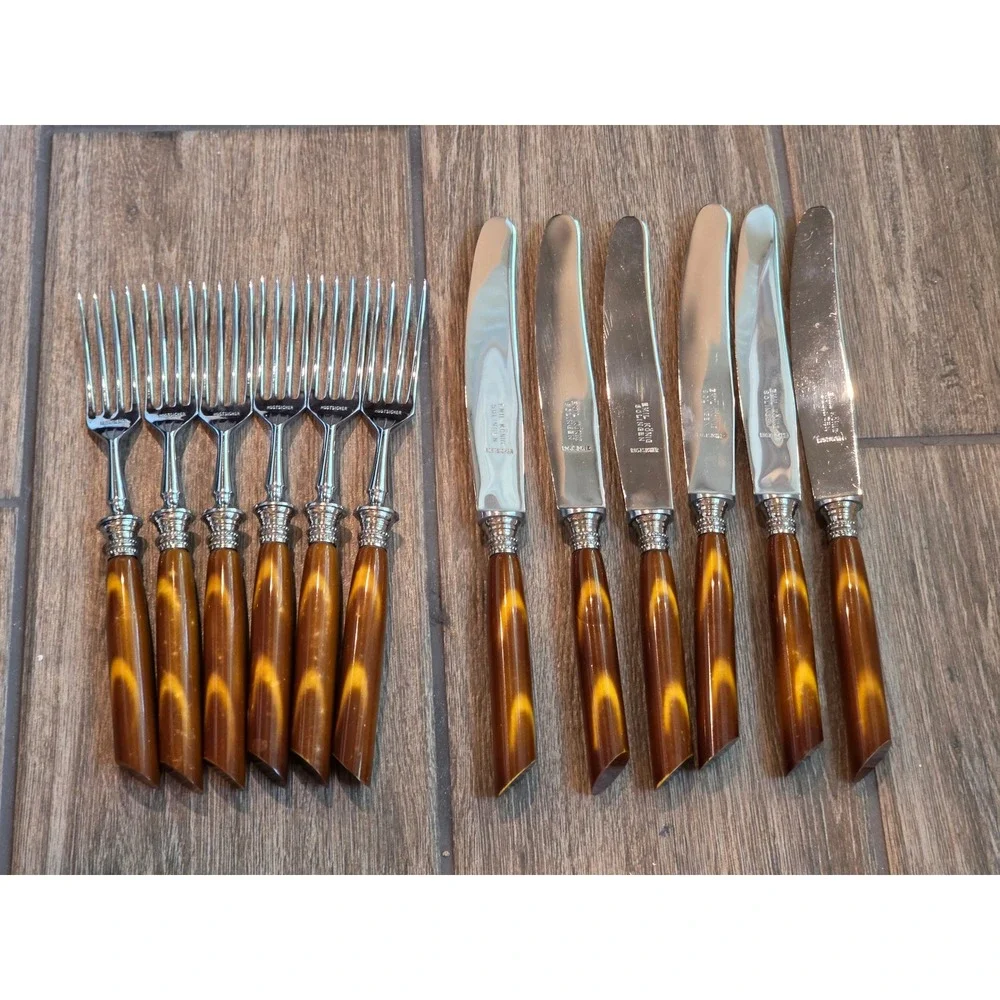 Emil Konig Solingen Vintage Flatware Set 12pc Faux Horn Amber Handles Germany
